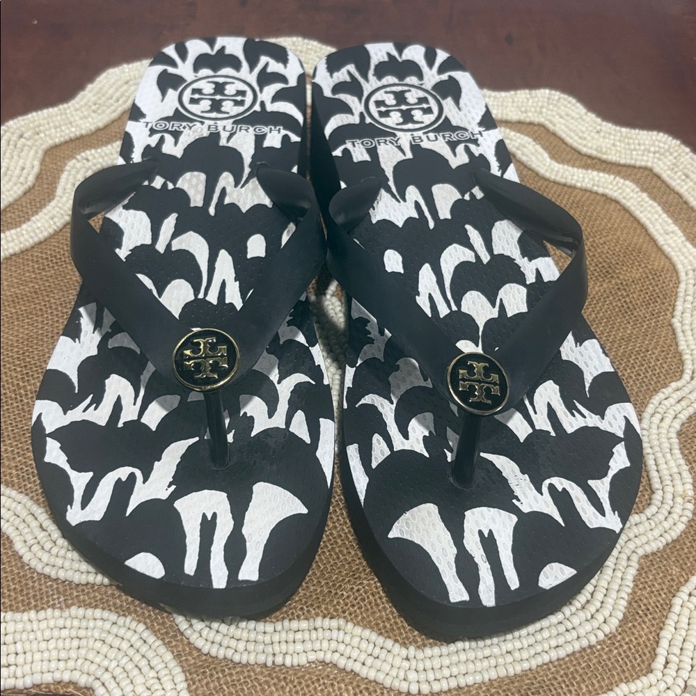 Tory Burch Black & White Logo Pattern Flip Flops
